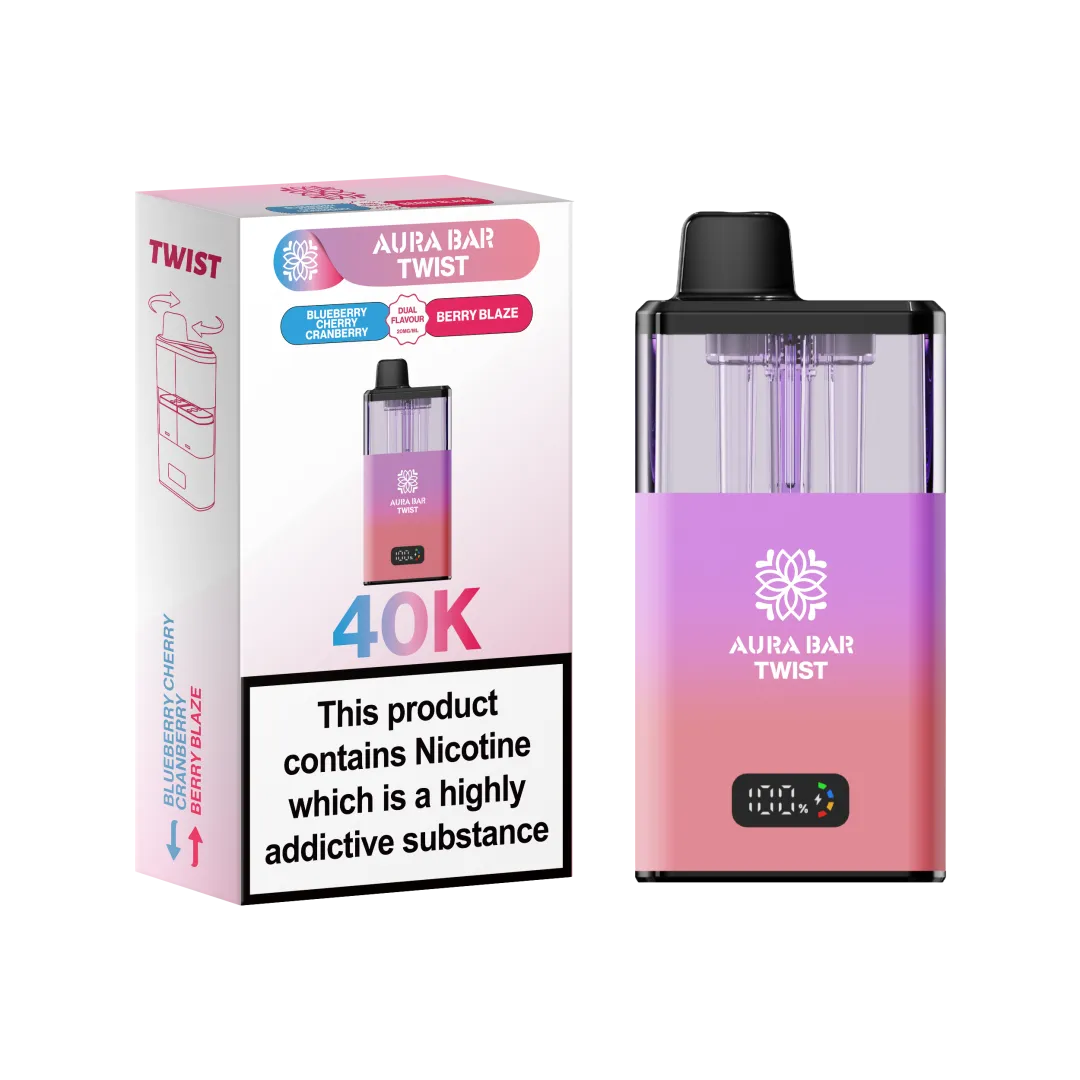 Aura Bar Twist 40K Puffs Rechargeable Vape Kit 20mg Dual Flavors 2ML LED Display