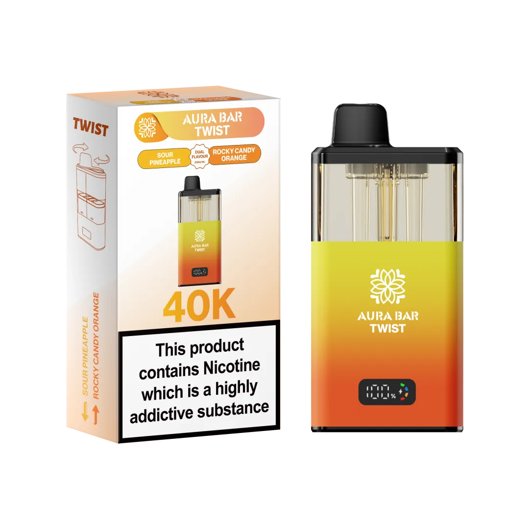 Aura Bar Twist 40K Puffs Rechargeable Vape Kit 20mg Dual Flavors 2ML LED Display