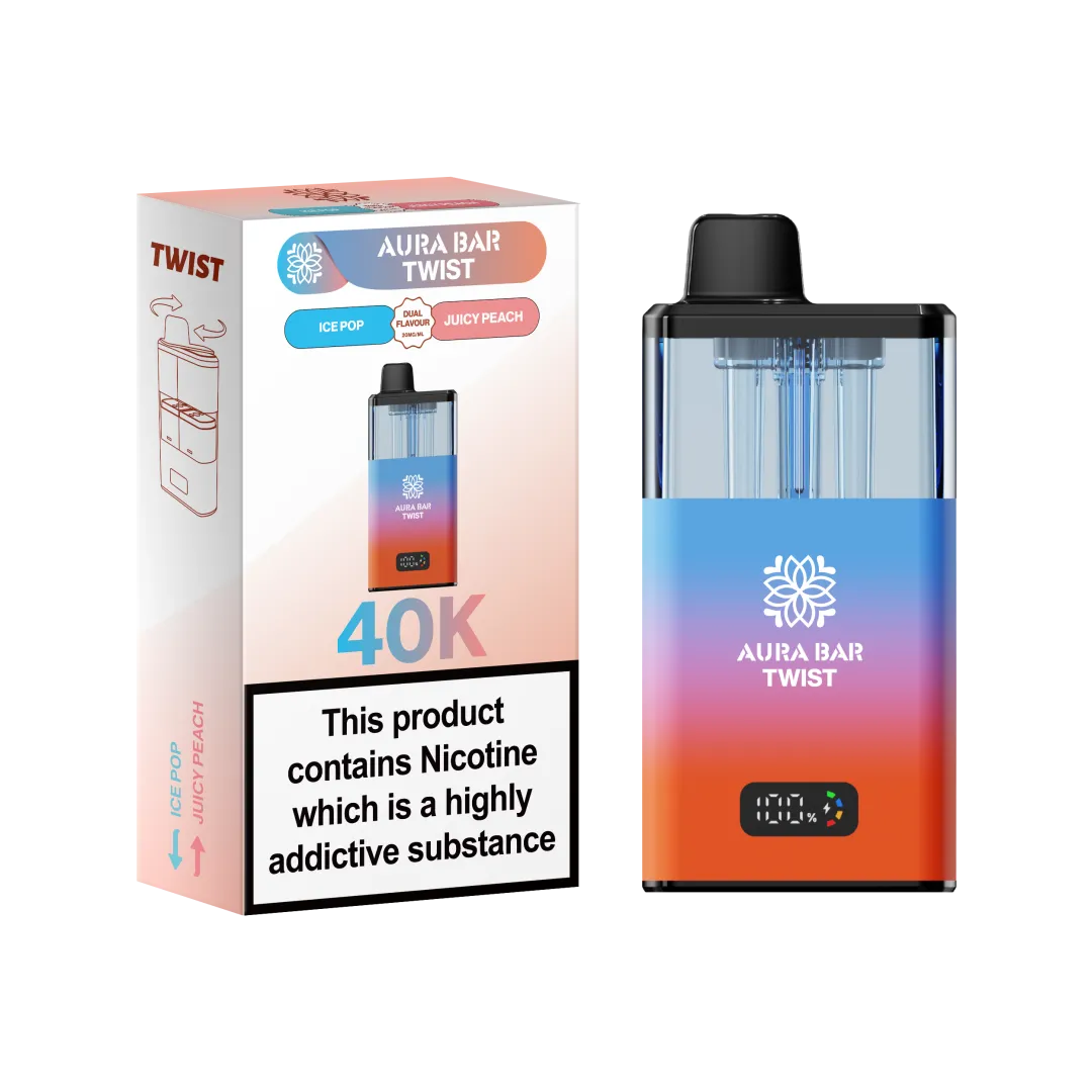 Aura Bar Twist 40K Puffs Rechargeable Vape Kit 20mg Dual Flavors 2ML LED Display