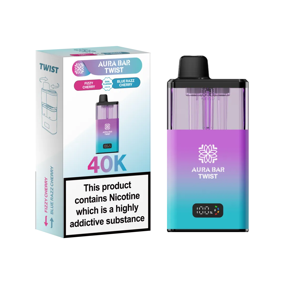 Aura Bar Twist 40K Puffs Rechargeable Vape Kit 20mg Dual Flavors 2ML LED Display