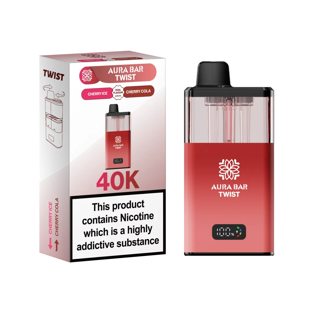 Aura Bar Twist 40K Puffs Rechargeable Vape Kit 20mg Dual Flavors 2ML LED Display