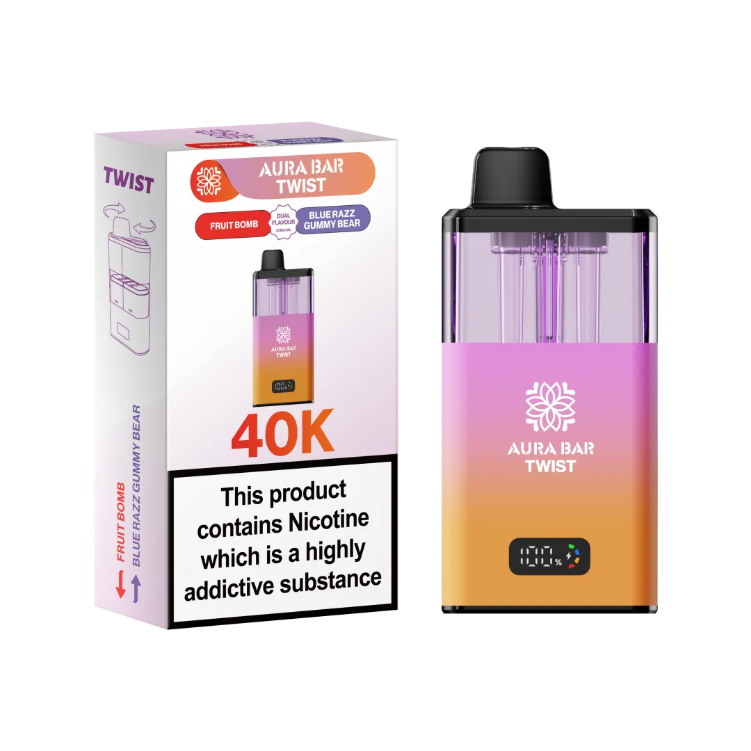 Aura Bar Twist 40K Puffs Rechargeable Vape Kit 20mg Dual Flavors 2ML LED Display