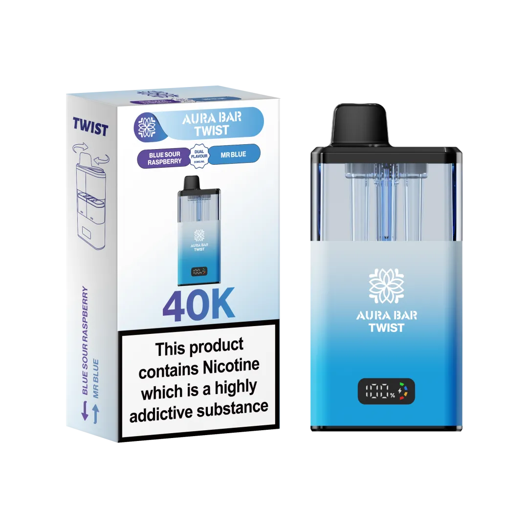 Aura Bar Twist 40K Puffs Rechargeable Vape Kit 20mg Dual Flavors 2ML LED Display