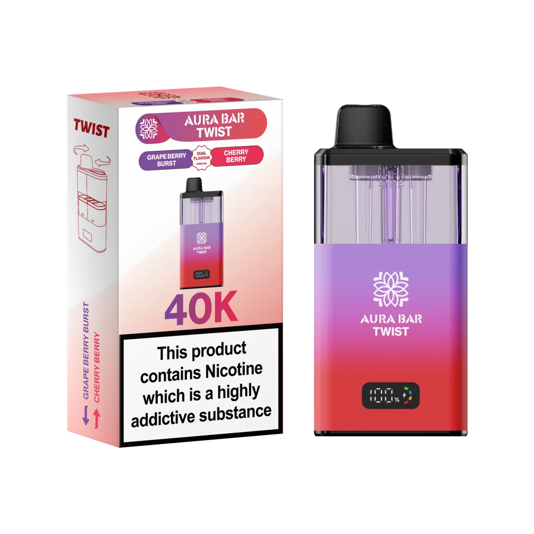 Aura Bar Twist 40K Puffs Rechargeable Vape Kit 20mg Dual Flavors 2ML LED Display