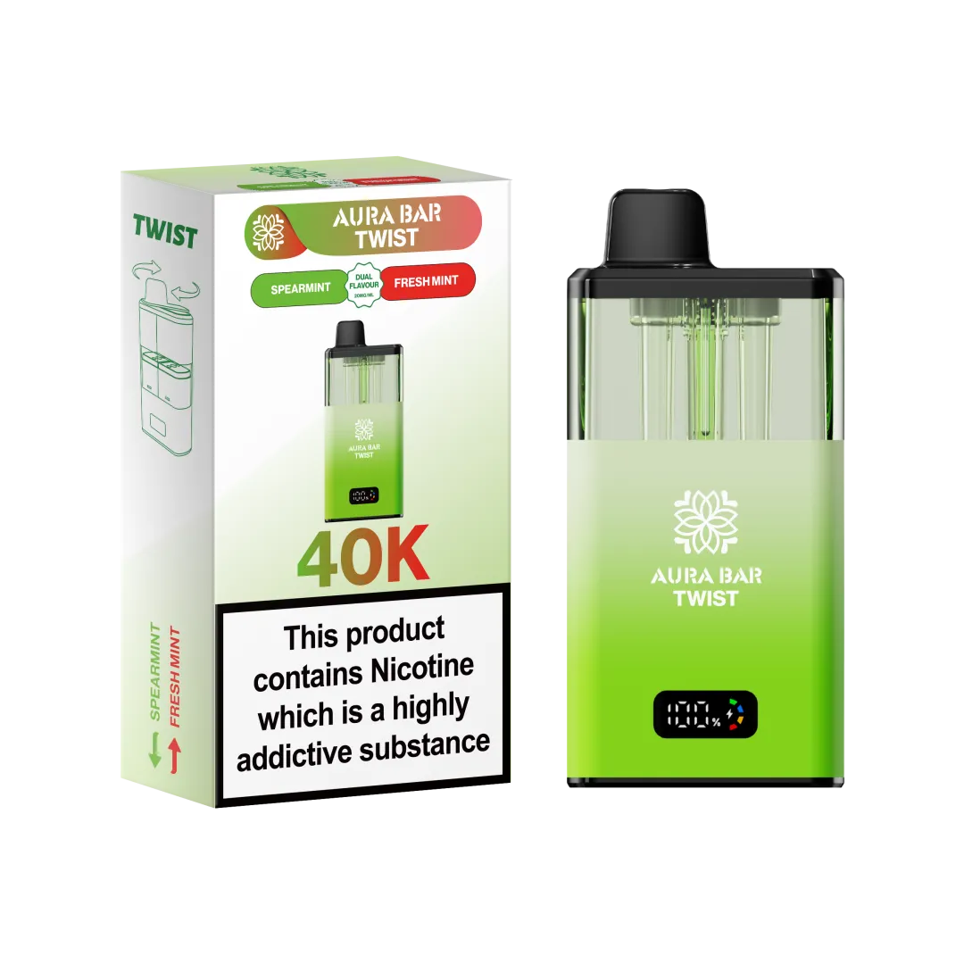Aura Bar Twist 40K Puffs Rechargeable Vape Kit 20mg Dual Flavors 2ML LED Display