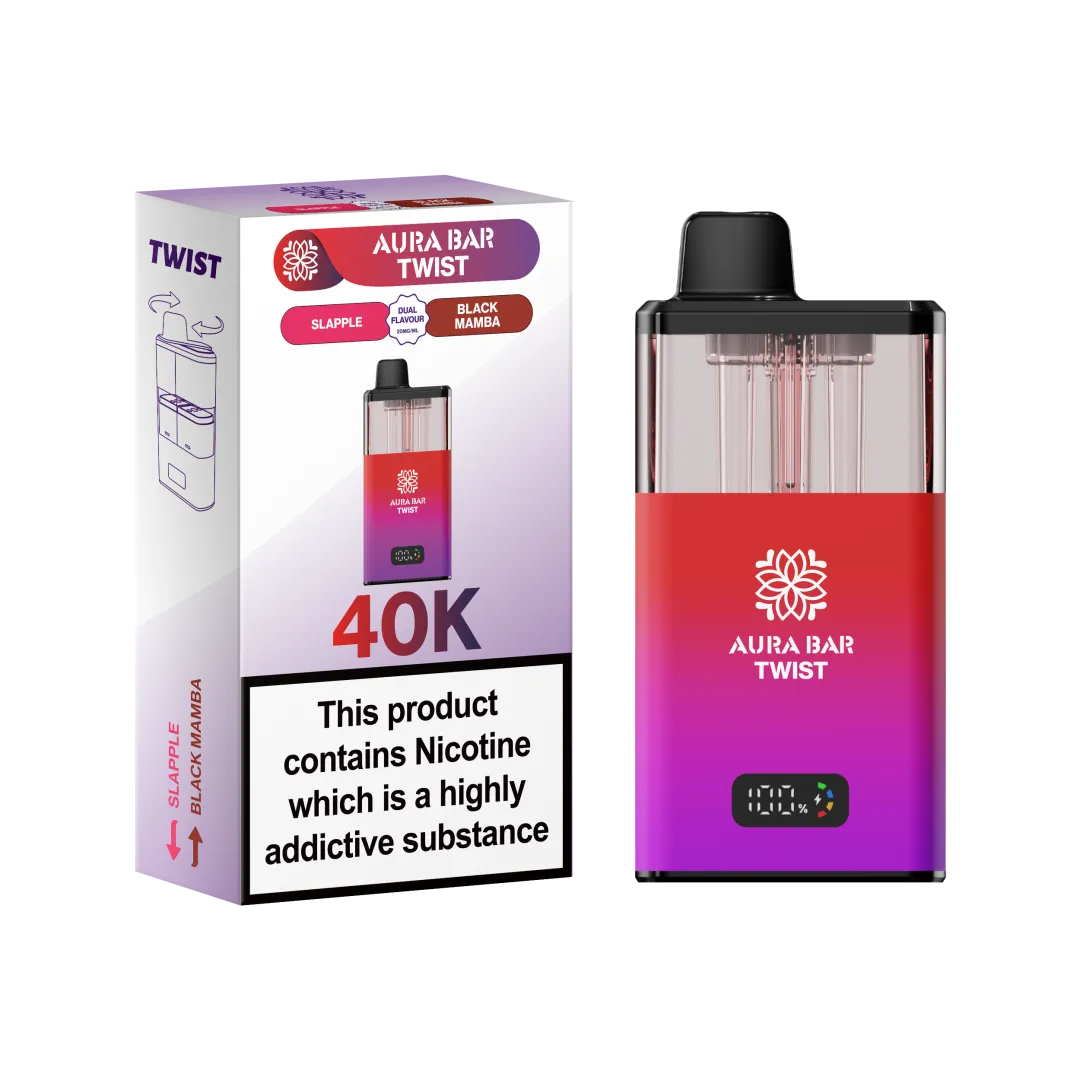Aura Bar Twist 40K Puffs Rechargeable Vape Kit 20mg Dual Flavors 2ML LED Display
