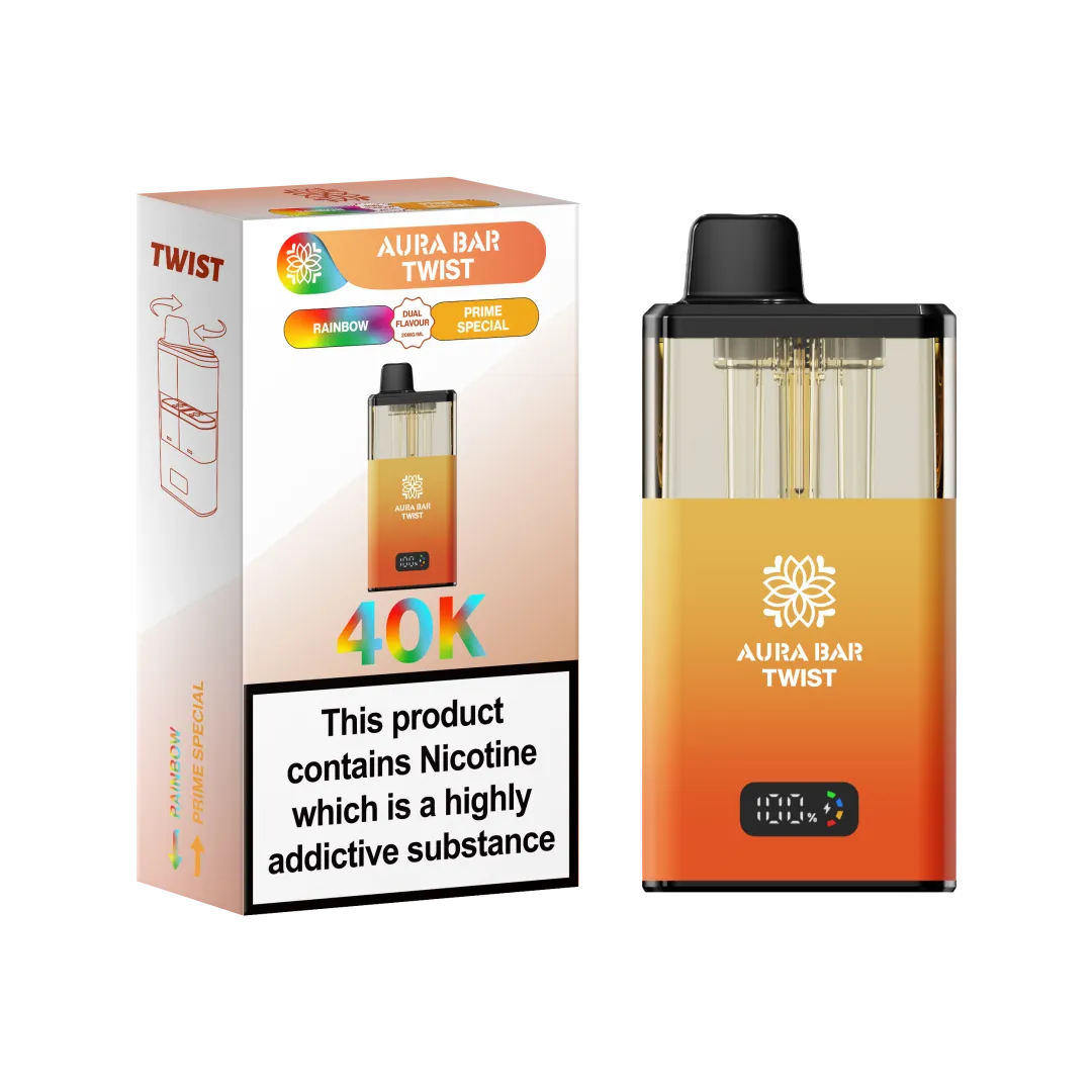 Aura Bar Twist 40K Puffs Rechargeable Vape Kit 20mg Dual Flavors 2ML LED Display