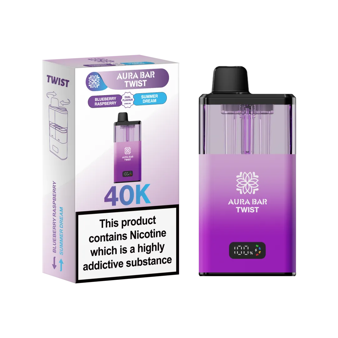 Aura Bar Twist 40K Puffs Rechargeable Vape Kit 20mg Dual Flavors 2ML LED Display